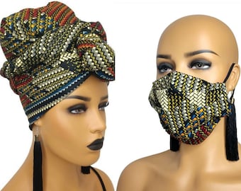 African Face Mask with filter pocket and matching african print head wrap | ankara headwrap for women EarthTone | High Quality
