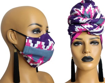 African Face Mask with filter pocket and matching african print head wrap | Purple face mask and  ankara headwrap for women | Pink Kente