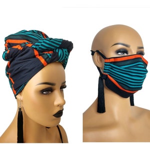 African Face Mask with filter pocket and matching african print head wrap | Black face mask Turquoise and  ankara headwrap for women