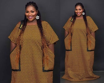 Plus Size Kaftan Dress for Women | Full Length Loose Fit Caftan with Cold Shoulders | Fits US Size 2X - 6X | Ankara Plus Size Maxi Dress