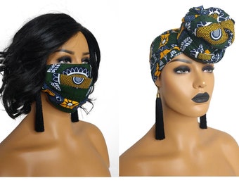 African Face Mask with filter pocket and matching african print head wrap | Green Camo ankara headwrap for women