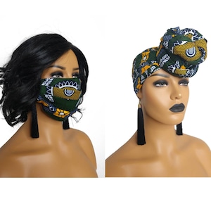 African Face Mask with filter pocket and matching african print head wrap | Green Camo ankara headwrap for women