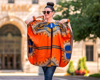 African Print Dashiki Kimono for women Orange | Oversized Ankara Top | Boho Plus Size Kimono Jacket | One Size Fit | African clothing Women