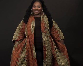 African Clothing for women Earthtone | Long African Kimono Dress with Side POCKETS | Ankara Kimono Duster Plus Size Available | Kimono Robe