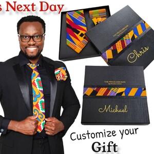 African Print Neck Tie Set 5 Piece Kente Necktie African Gift for Him Fathers Day image 1