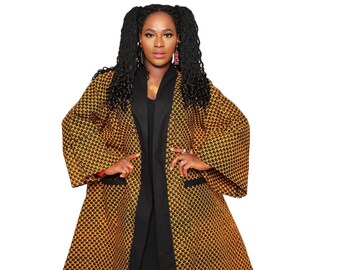 African Clothing for Women Plus Size in Black and Gold and Brown | Ankara Kimono Jacket with POCKETS | Long Oversized Duster Full Length
