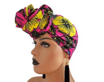 Pink African Head Wrap | Yellow Women Headpiece | Floral  display picture 3