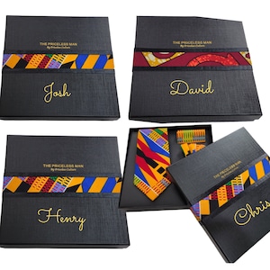 Personalized African Groomsmen Gift Set Necktie  | Ankara Neck Tie 5PC Set GIFT | Necktie | Bow Tie | Pocket Square | Cufflinks