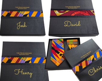 Personalized African Groomsmen Gift Set Necktie  | Ankara Neck Tie 5PC Set GIFT | Necktie | Bow Tie | Pocket Square | Cufflinks