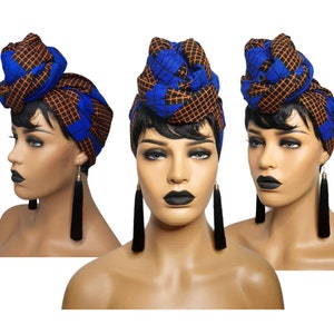 Blue African Head Wraps For Women, African Gift For Her, orange African Head Wrap, Mudcloth, Blue Turban, Ankara head wrap