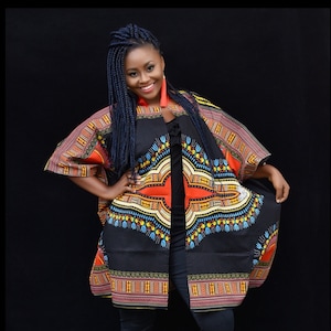 African Clothing For Women Plus Size, Ankara Top, Oversized Kimono, Dashiki, Black Poncho, Kaftan, Red Ethnic Dress, Kitenge Jacket, Hippie