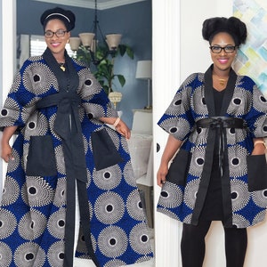 African Print Full-Length Kimono Duster Blue Print | Ankara Kimono Robe | African Jacket with Pockets | African Clothing For Women Plus Size