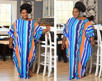 Kaftan Dress Blue and Orange Stripes | Oversized Bohemian Kaftan | Rayon Silk caftan Maxi Dress Plus Size
