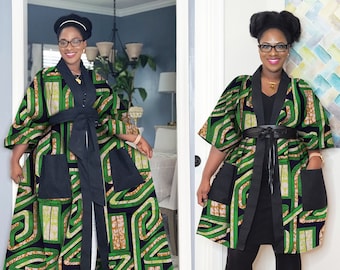 African Print Full-Length Kimono Duster | Ankara Kimono Robe | African Jacket with Pockets | African Clothing For Women Plus Size Available