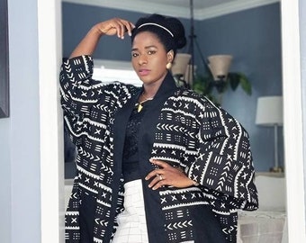 ジャケット・アウター 6(ROKU) DIAMOND MOTIF CUT PILE JACKET Africa Print Kimono Duster Jacket for Women | Full Length Plus
