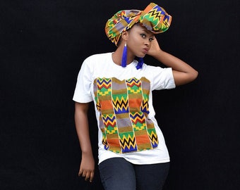 Kente African Tshirt | Kente Head Wrap For Women | Unisex African Tshirt | Ankara T-shirt | White T shirt | Kente Shirt Plus Size