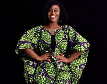 African Clothing For Women Plus Size | Ankara Top | Oversized Green Purple Kimono | Poncho | Ethnic Jacket | Hippie Free Size |