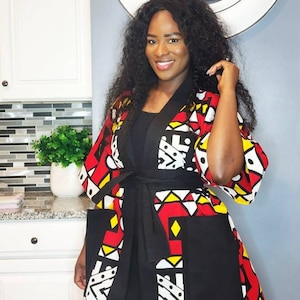 African Kimono Jacket  | Africa Clothing For Women Plus Size | Ankara Robe Top with POCKETS | Red Boho Top Jacket | Poncho Hippie Loose Fit