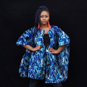 African Print Kimono Top for Women Plus Size | Blue Ankara Oversized Duster |  Poncho Ethnic Jacket | Hippie Free Size | Kimono Jacket Robe