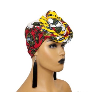 African Head Wraps For Women Red, Yellow Ankara Headwrap, Patchwork Turban