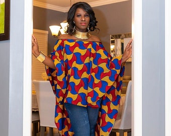 African Clothing For Women Red and Blue, Ankara Tops, Shawl, Cape, High low Plus Size, Kwanzaa Costume