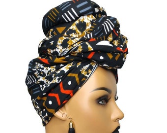 African Gifts for Women | African Head Wraps For Women | Mudcloth Headwrap | Black Ankara headpiece | African Gift For Her Birthday | Turban