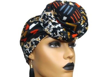 Black African Head Wrap | African Scarf | Ankara Turban | Mudcloth Head Wraps for Women | Hair Wrap | Tassel Earrings | Gift For Her