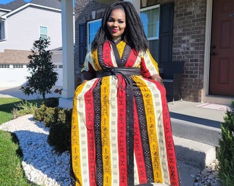 Mudcloth Kimono Jacket | African Clothing for Women Plus Size | Long Kimono Dress with Side POCKETS | African Dress Plus Size  | Boho Dress