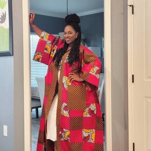 Patchwork African Kimono Duster Red and Gold | Plus Size Ankara women clothing | Long Oversized African Print Kimono jacket | Ankara robe