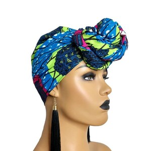 African Head Wraps For Women, Blue Ankara Turban, Ethnic Head Band, Kwanzaa, Hair Accessories, Kinky hair
