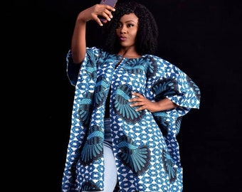 African Clothing For Women Plus Size | Ankara Top | Oversized Kimono | Dashiki | White and Blue Poncho | Ethnic Jacket