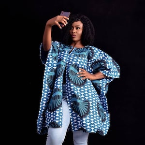 African Clothing For Women Plus Size | Ankara Top | Oversized Kimono | Dashiki | White and Blue Poncho | Ethnic Jacket