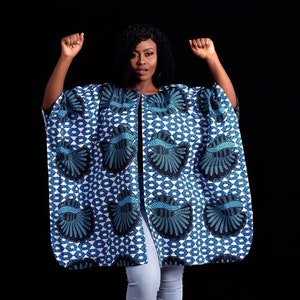 African Clothing For Women Plus Size | Ankara Top | Oversized Kimono | Dashiki | White and Blue Poncho | Ethnic Jacket