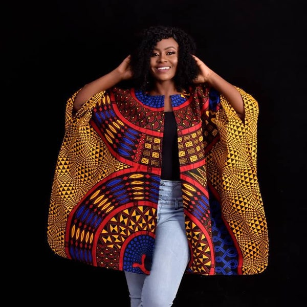 African Clothing For Women Plus Size | Gold Ankara Top | Oversized Kimono | Red Poncho | Ethnic Jacket | Hippie Free Size | Earth Tone