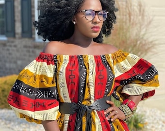 African Dress for women Plus Size | Ankara Off Shoulder Dress | Mudcloth Clothing for Women | Bohemian Dress | Boho Dress |  Knee Length