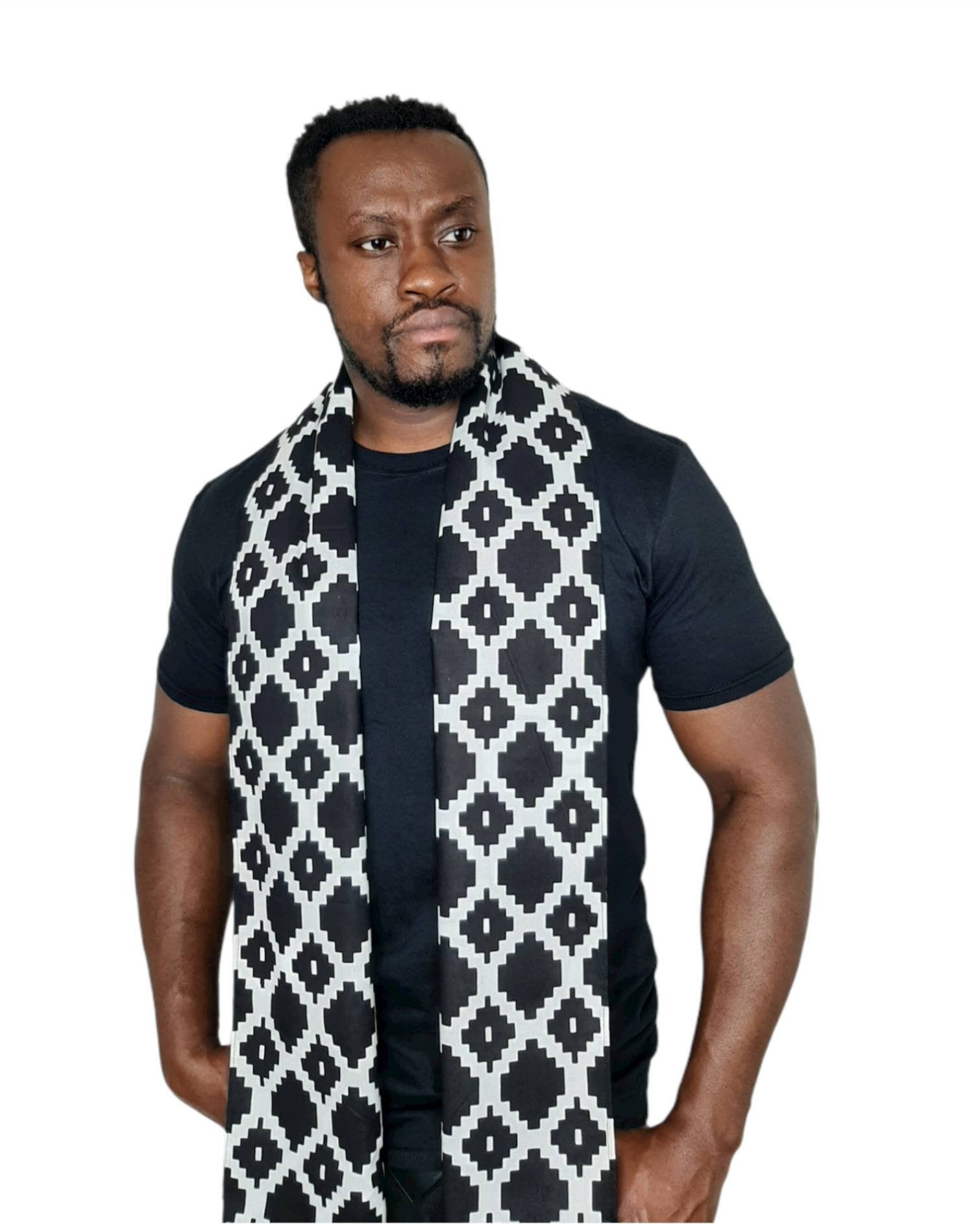 Black and White African Men's Scarf | Reversible | Kente African Clothing For Men | Ankara Gift For Him | Father's Day African Gifts For Men