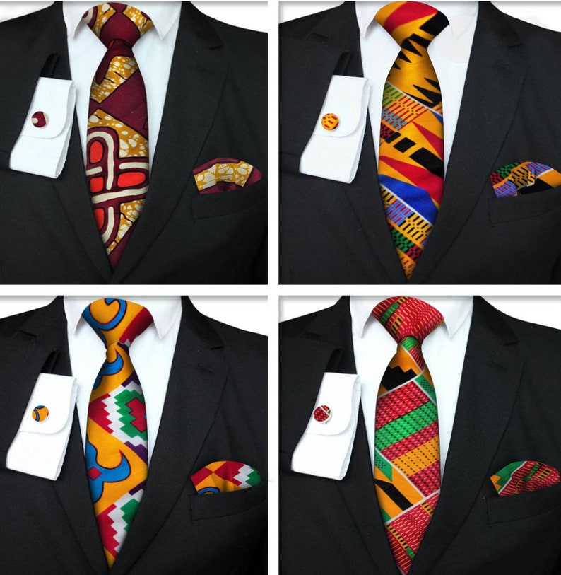 African Print Neck Tie Set 5 Piece Kente Necktie African Gift for Him Fathers Day image 2