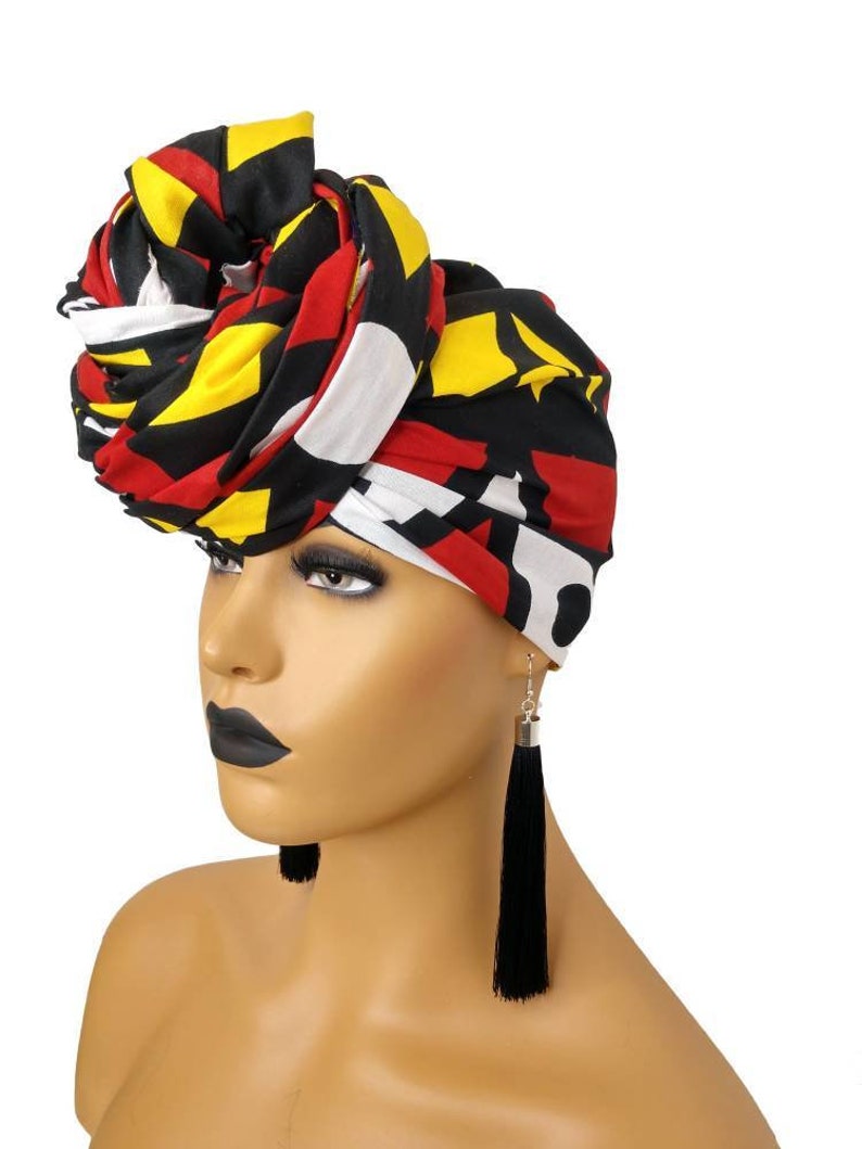 African Head Wraps For Women Red Yellow Black White, Samakaka Turban image 2