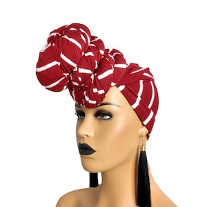 Jersey Stretch Head Wraps For Women Burgundy and White |  Stretch Head Wraps | Stretchy Turban Large | Knit Head Wrap For Natural Hair,
