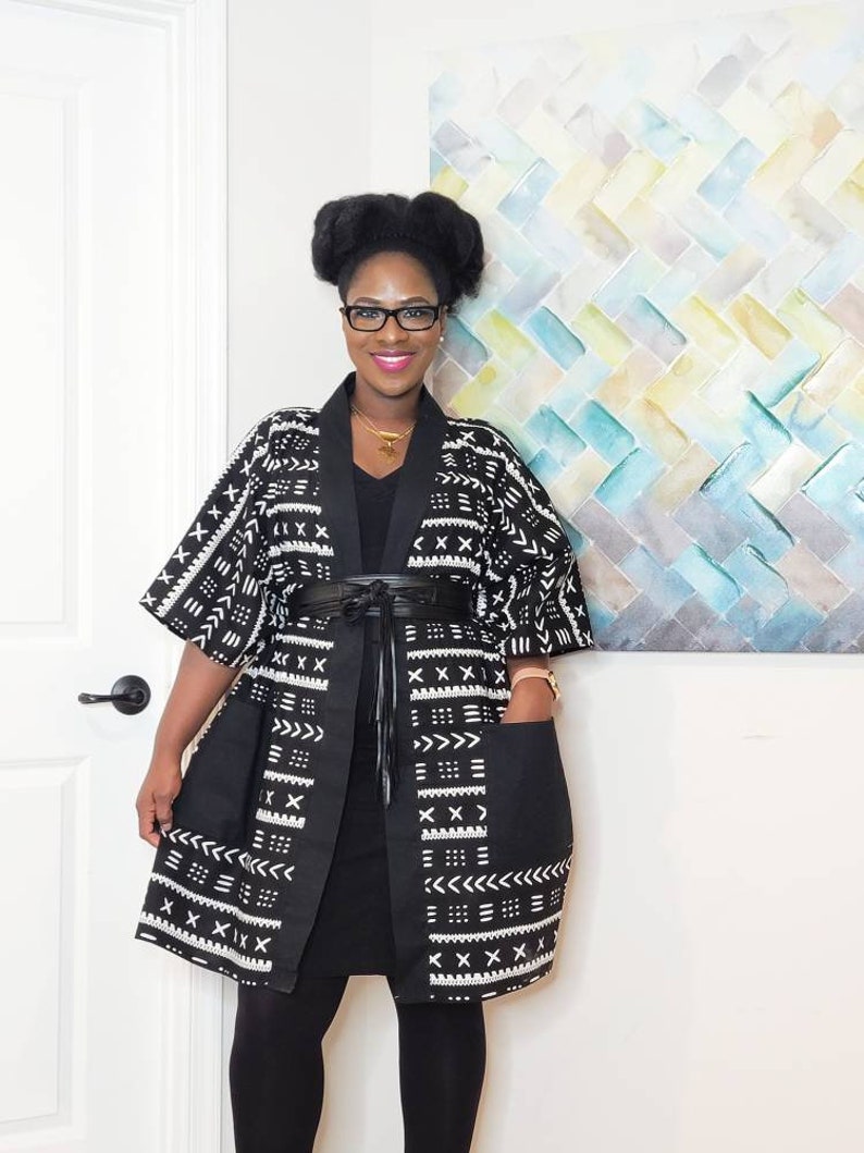 African Clothing For Women Plus Size Black and White Ankara Top with POCKETS Oversized Kimono Mudcloth Poncho Boho Top Loose Fit image 5