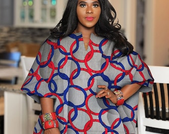 African Kaftan for Women | Ankara Dress Tops | Plus Size Kimono Oversized | Ankara Clothing For Women | Boho Tunic | Red Blue Plus Size Top