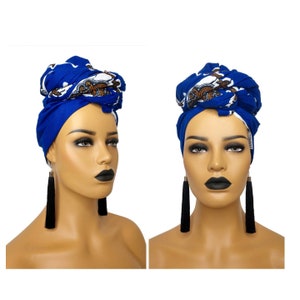 African Head Wraps For Women Royal Blue and White, Ankara Turban Mother&#39;s Day Gift