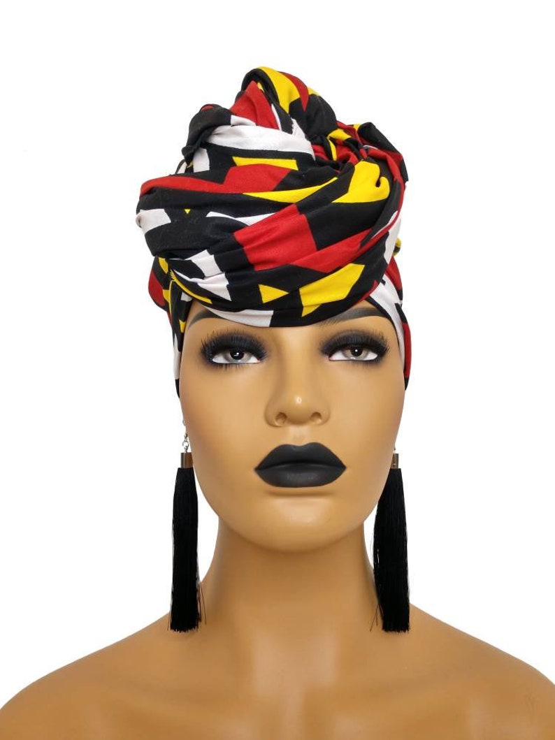 African Head Wraps For Women Red Yellow Black White, Samakaka Turban image 5