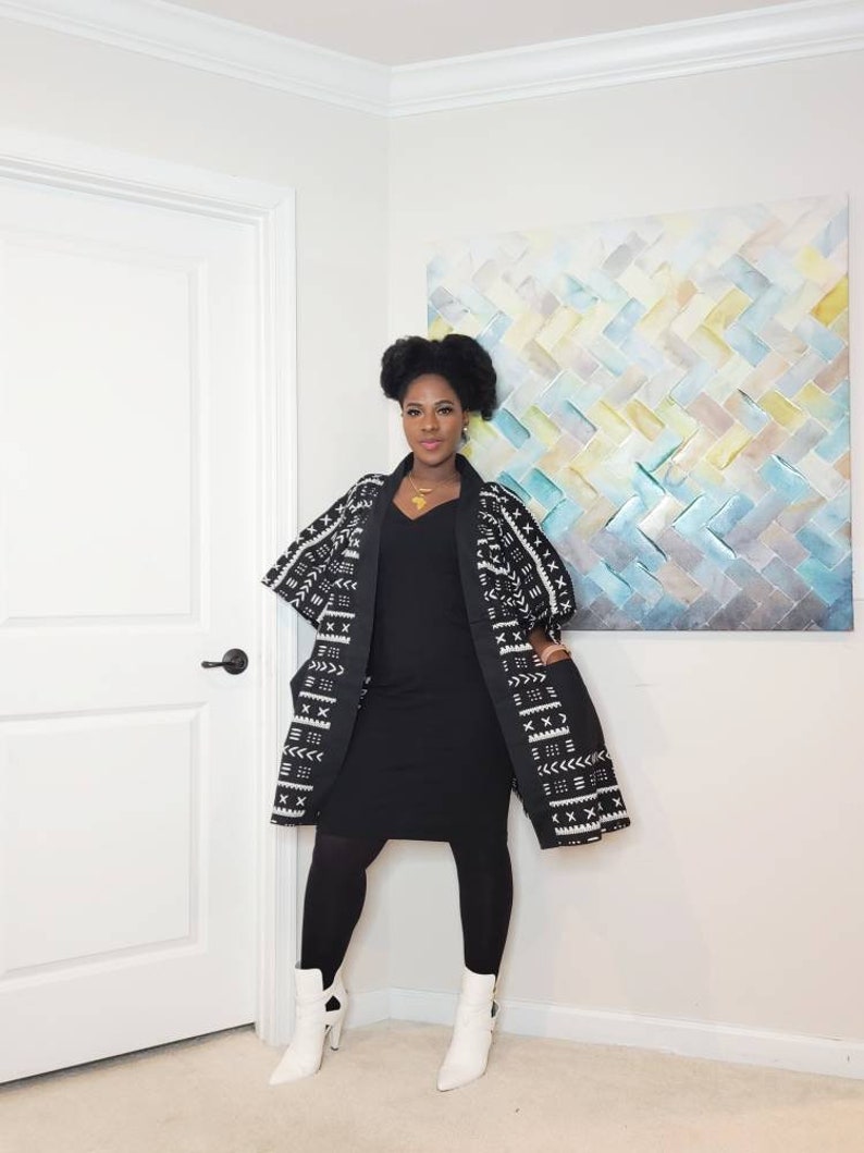 African Clothing For Women Plus Size Black and White Ankara Top with POCKETS Oversized Kimono Mudcloth Poncho Boho Top Loose Fit image 7
