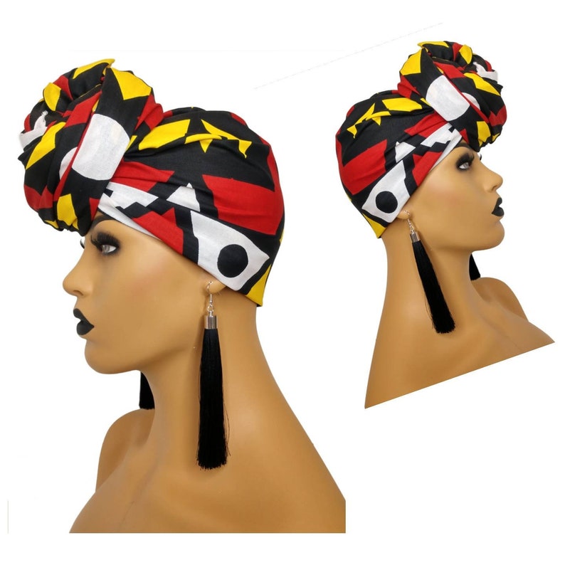 African Head Wraps For Women Red Yellow Black White, Samakaka Turban image 1