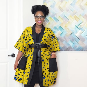 African Print Kimono Jacket for Women in Yellow and Blue Stars | Ankara Top Plus Size Clothing | Oversized Kimono Duster Robe Cardigan Top