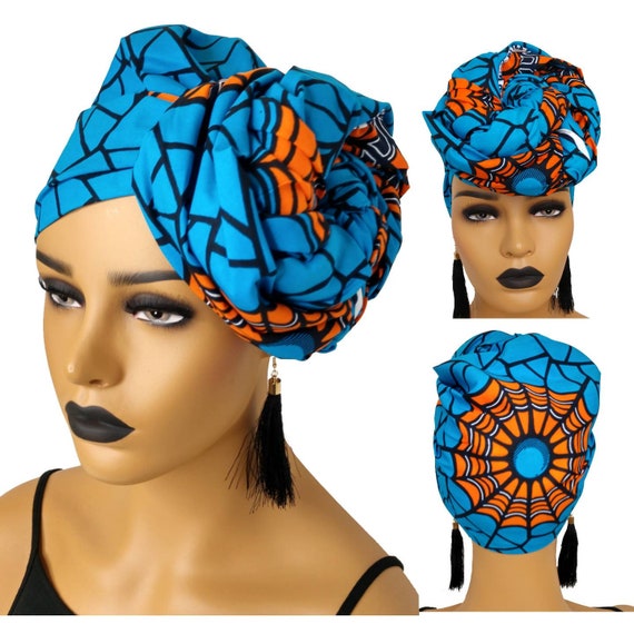 African Head Wraps for Women Blue, Ankara Headwrap, Orange  display picture 1
