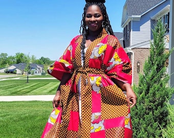 African Kimono Jacket Plus Size | Ankara Duster | Red Patchwork Robe