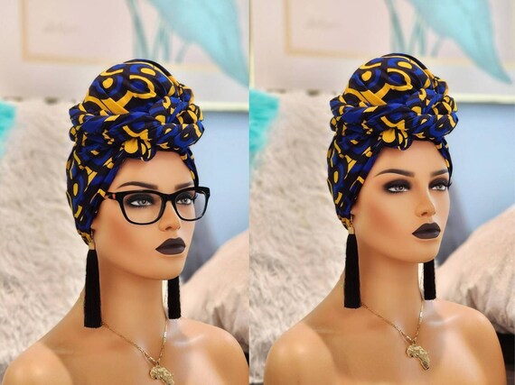 Blue and Gold Patterned Headwrap Ayo Sun Flare main image 3