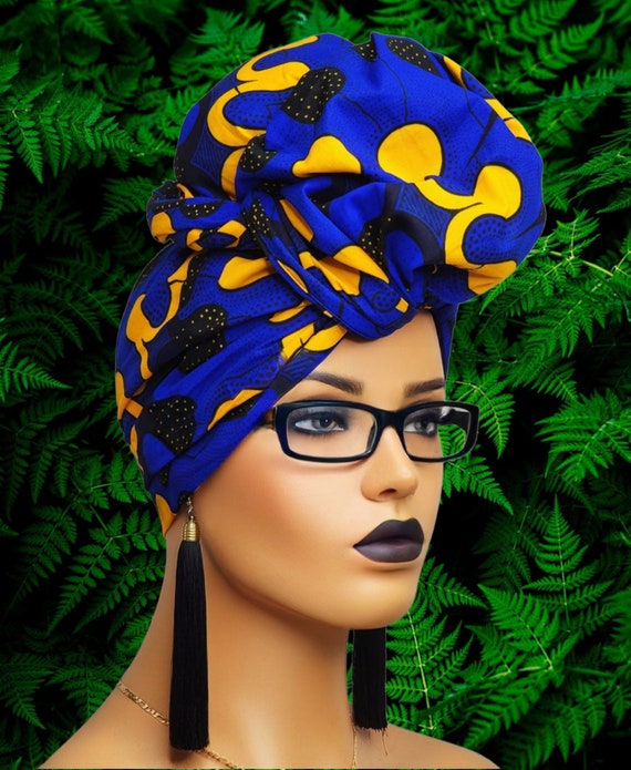 African Head Wraps for Women Blue and Gold | Ankara Headwrap  display picture 3